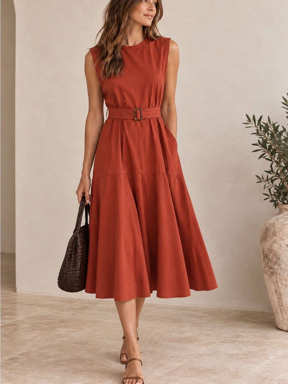 ZARA Rust Orange Belted A-Line Midi Dress Size M